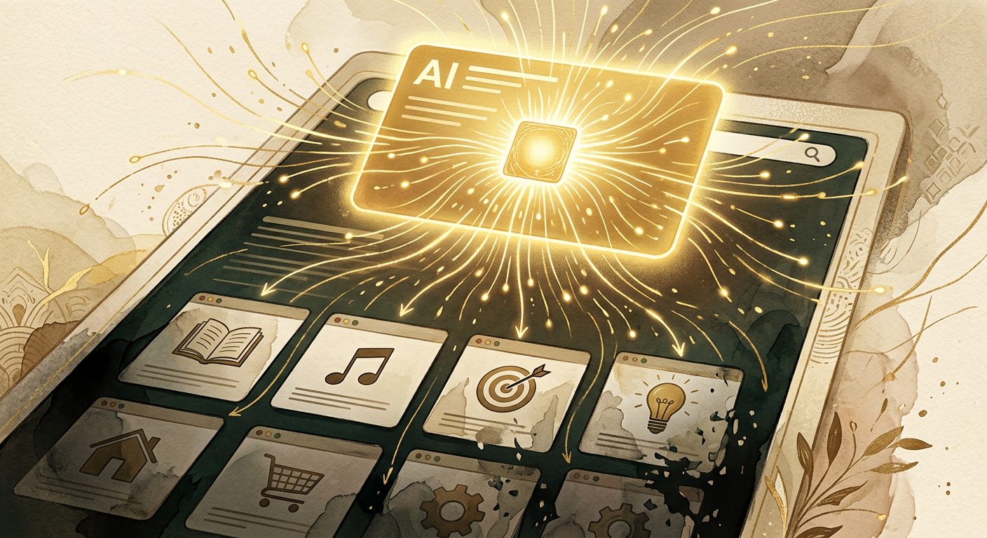 A golden AI answer card floating above fading website tiles — AI search keeps answers and drains website traffic